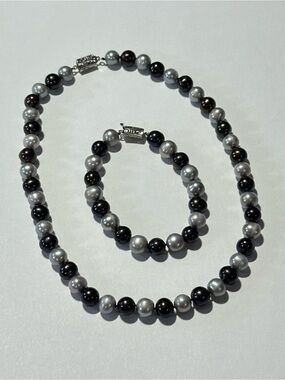 Classic Two-Tone Pearl Necklace Bracelet Set Formal Bridal Mermaidcore Filigree